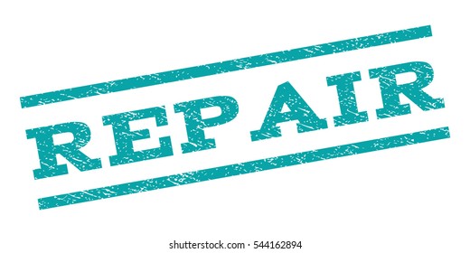 Repair watermark stamp. Text caption between parallel lines with grunge design style. Rubber seal stamp with dust texture. Vector cyan color ink imprint on a white background.