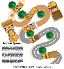 Repair of a winding road. View from above. Vector illustration. The template for the presentation.