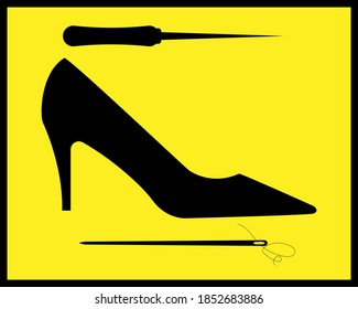 repair of women's shoes in black tone on a yellow background