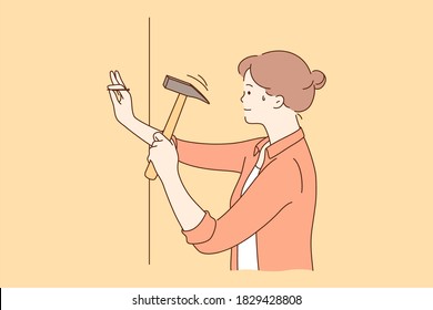 Repair, work, activity, strength concept. Young sweaty strong confident strong woman girl cartoon character hammering nail into wall at home. Domestic chores active lifestyle womens power illustration