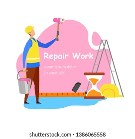 Repair Work Advertisement Banner Vector Concept. Handyman in Hard hat Cartoon Character. Worker in Yellow Vest Holding Paint Roller. Wall Painting Service Flat Illustration with Text Space