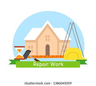 Repair Work Business Flat Vector Banner Concept. Professional Maintenance Service Poster. Construction Industry. Plumber, Technician Profession. Repairman Occupation. Building Tools Illustration