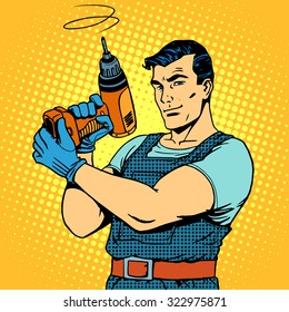 Repair work with a drill pop art retro style. Male professional homework