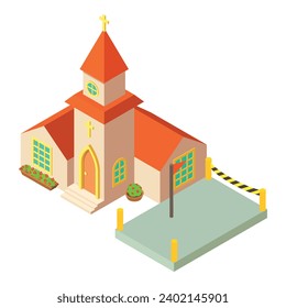 Icono de reparación vector isométrico. Sitio de cemento cerrado cerca del ícono de la iglesia cristiana. Concepto de construcción, obra de construcción