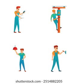 Reparar ícones de trabalho definir vetor de desenho animado. Eletricista com equipamento. Caráter técnico, manutenção