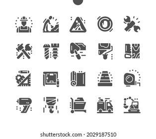 Reparar el trabajo. Papel de pantalla. Constructor, trabajador, construcción, equipo, herramientas, servicio, mecánico. Medida de cinta. Roller y taladro. Iconos sólidos vectoriales. Pictograma simple