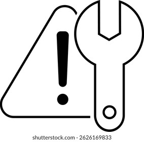 signo de trabajo de reparación. Vector de icono de reparación. Símbolo de icono de herramientas aislado sobre fondo blanco. ilustración de una llave inglesa y una señal de advertencia
