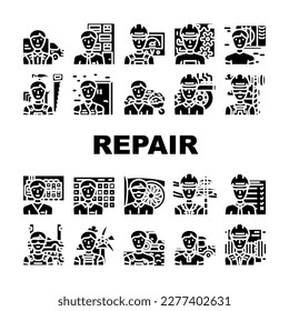 repair worker equipment job icons set vector. construction people, tool man, professional builder, handyman service, maintenance repair worker equipment job glyph pictogram Illustrations