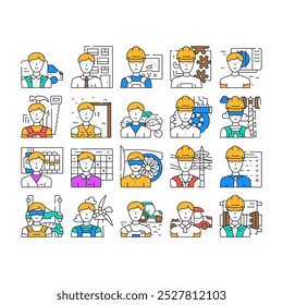 repair worker equipment job icons set vector. construction people, tool man, professional builder, handyman service, maintenance repair worker equipment job color Contour Illustrations