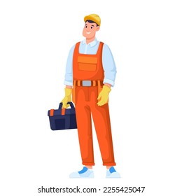 Reparar la ilustración vectorial de caja de herramientas de retención de trabajadores. Caricatura aisló a un trabajador de la construcción masculino con casco y uniforme, hombre con herramientas y herramientas de bricolaje en caja de plástico para trabajos de mantenimiento y reparación