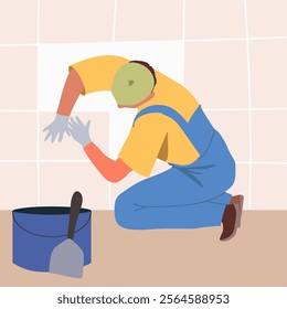 Repair worker laying ceramic wall tile.  Hand drawing vector illustration.