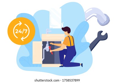 Repair worker plumber with tools fixes tubing in kitchen, workman, home technician service, handyman isolated vector illustration. Repairing workman, maintenance in house, serviceman order.