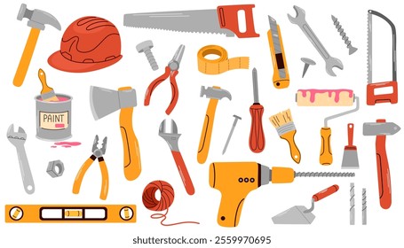 Repair worker tools set. Cartoon different instrument equipment, saw, ruler, screwdriver, hammer, plastering trowel, paint brush. Construction, Building, repair concept. Vector illustration