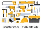 Repair worker tools vector illustration set. Cartoon yellow hand instrument equipment for work on construction home renovation, diy toolbox, saw ruler screwdriver hammer plastering trowel paint brush
