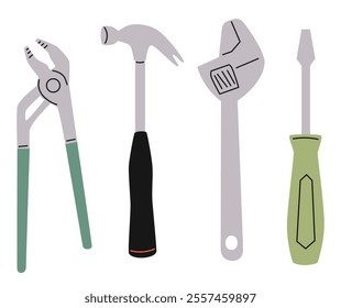 Repair worker tools vector illustration set. Cartoon hand instrument equipment for work on construction home renovation, saw ruler screwdriver hammer plastering trowel paint brush