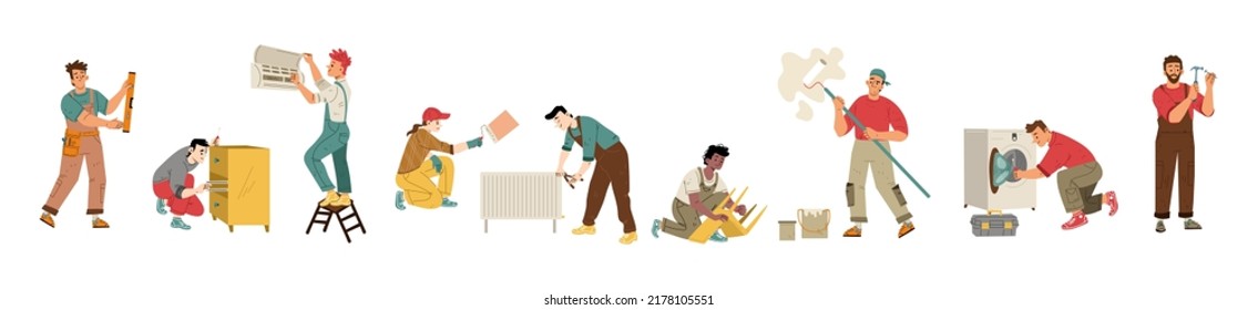 Repair workers, handyman service. construction and renovation employees plumber, painter, carpenter and furniture maker characters in uniform with tools, Line art flat vector illustration set