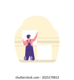 Repair workers put wallpaper on the wall. professional male worker doing ceramic tile installation on the wall. work and profession. decorating the room. flat cartoon style. vector design