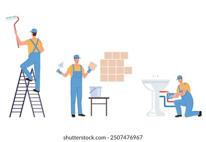 Repair workers simple flat line art style set. Vector graphic design illustration element