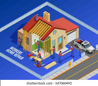 Repair works isometric template with house workers and different maintenance restoration on blue background vector illustration