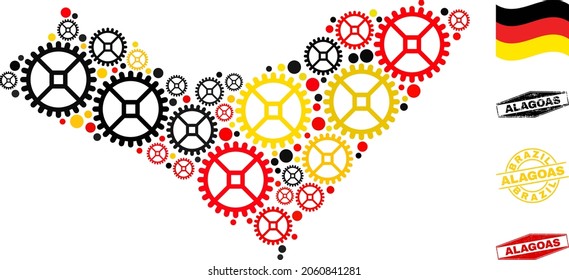 Taller de reparación Collage de mapas y sellos del estado de Alagoas. El collage de vectores está diseñado a partir de íconos de servicio de diferentes tamaños, y Alemania marca colores oficiales - rojo, amarillo, negro.