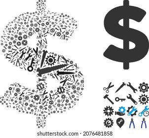 Repair workshop American Dollar collage of service tools. Vector American Dollar is done of gearwheels, spanners, and other tools, and based on American Dollar icon. Concept of maintenance company.