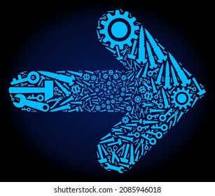 Reparar el collage de dirección de flecha del taller de herramientas en un fondo de gradiente azul oscuro. La dirección de la flecha vectorial se crea a partir de los cogs azules, las llaves y otras herramientas, y se basa en el icono de dirección de la flecha.