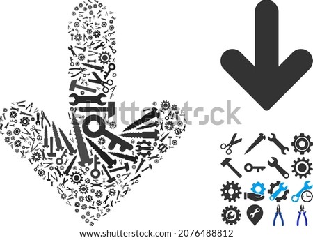 Repair workshop arrow down composition of service tools. Vector arrow down is constructed of gearwheels, wrenches, and other instruments, and based on arrow down icon.