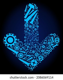 Repair workshop arrow down mosaic of service tools on a dark blue gradient background. Vector arrow down is constructed of blue gears, wrenches, and other tools, and based on arrow down icon.