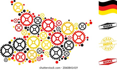 Taller de reparación Collage del mapa del estado de Bihar y sellos. El collage vectorial se crea con elementos mecánicos de varios tamaños, y los colores oficiales de la bandera alemana - rojo, amarillo, negro.