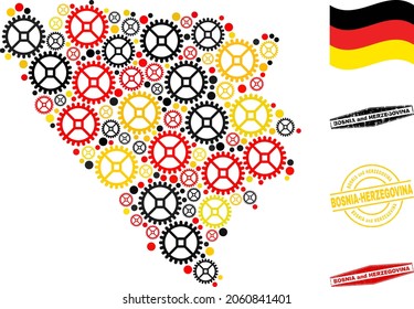 Repair workshop Bosnia and Herzegovina map collage and seals. Vector collage created with repair workshop elements in variable sizes, and German flag official colors - red, yellow, black.