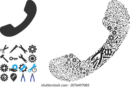 Repair workshop call mosaic of service tools. Vector call is composed of gearwheels, wrenches, and other tools, and based on call icon. Concept of tuning company.