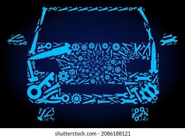 Reparar la composición del coche del taller de herramientas de servicio en un fondo de degradado azul oscuro. El vehículo vector está diseñado a partir de ruedas cognitivas azules, spanners y otras herramientas, y basado en el icono del coche.