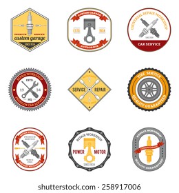 Repair workshop car and motorcycle mechanic emblems colored set isolated vector illustration