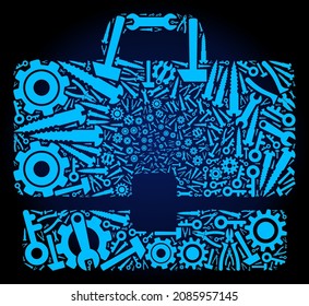 Reparación del mosaico del estuche del taller de herramientas sobre un fondo de gradiente azul oscuro. El estuche vectorial está formado por los engranajes azules, los spanners y otras herramientas, y se basa en el icono de caso. Abstracción de la compañía de tuning.