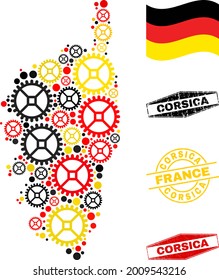 Repair workshop Corsica map mosaic and stamps. Vector collage is created of repair workshop icons in various sizes, and Germany flag official colors - red, yellow, black.