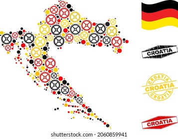 Repair workshop Croatia map collage and stamps. Vector collage is formed with industrial icons in different sizes, and German flag official colors - red, yellow, black.