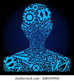 Repair workshop customer collage of service tools on a dark blue gradient background. Vector customer is made of blue cogwheels, wrenches, and other instruments, and based on customer icon.