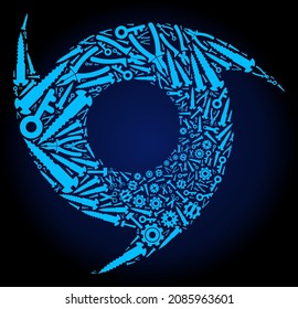 Reparar la composición ciclónica del taller de herramientas de servicio en un fondo de gradiente azul oscuro. El ciclón vectorial se crea a partir de ruedas de engranajes azules, spanners y otras herramientas, y se basa en el icono del ciclón.