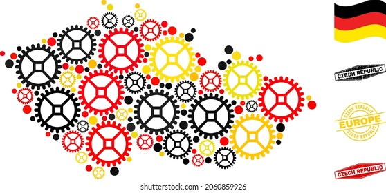 Repair workshop Czech Republic map mosaic and stamps. Vector collage is designed with repair workshop icons in various sizes, and Germany flag official colors - red, yellow, black.