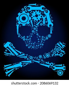 Repair workshop death skull mosaic of service tools on a dark blue gradient background. Vector death skull is composed with blue cogs, spanners, and other tools, and based on death skull icon.