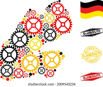 Repair workshop Djibouti map composition and seals. Vector collage is formed of service icons in various sizes, and German flag official colors - red, yellow, black.