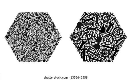 Repair workshop filled hexagon icon mosaic of service tools. Abstract vector filled hexagon symbol is created of gears, hands, hammers and wrenches. Concept of maintenance workshop.
