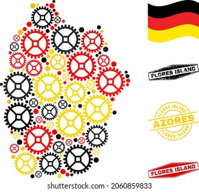 Repair workshop Flores Island of Azores map collage and seals. Vector collage is formed of service icons in variable sizes, and Germany flag official colors - red, yellow, black.