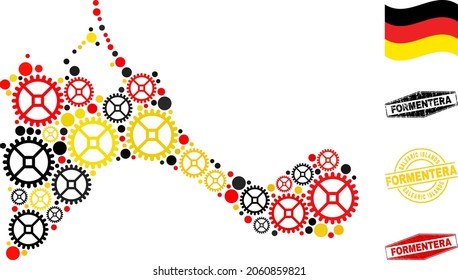 Repair workshop Formentera Island map collage and seals. Vector collage formed with repair workshop items in various sizes, and German flag official colors - red, yellow, black.