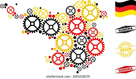 Repair workshop Gerona Province map collage and seals. Vector collage is designed from cog elements in various sizes, and German flag official colors - red, yellow, black.