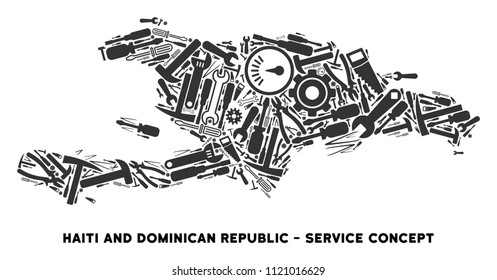 Repair workshop Haiti and Dominican Republic map composition of tools. Abstract territory scheme in gray color. Vector Haiti and Dominican Republic map is constructed of cogwheels,