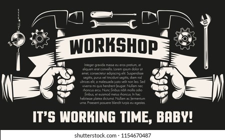 Repair workshop with hands and working tools - hammers,  spanner,  screwdriver. Black background, retro style.