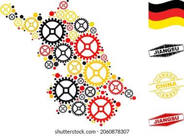 Repair workshop Jiangsu Province map collage and stamps. Vector collage is formed from industrial elements in various sizes, and German flag official colors - red, yellow, black.