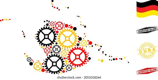 Repair workshop Juventud Island map collage and seals. Vector collage is created of repair workshop items in various sizes, and Germany flag official colors - red, yellow, black.