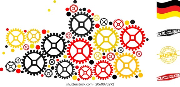 Repair workshop Kaliningrad Region map composition and stamps. Vector collage is composed from repair workshop icons in variable sizes, and German flag official colors - red, yellow, black.